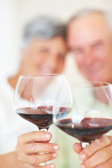 Mature couple toasting red wine. Portrait of mature couple celebrating with toast, focus on wine glasses.
