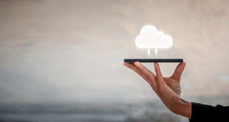 Businessman holding icon cloud computing network and icon connection data information in hand....
