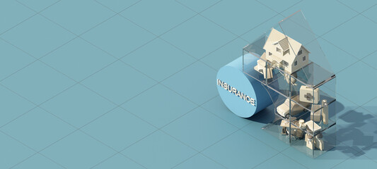 Insurance company client take out complete insurance concept. Assurance and insurance: car, real estate and property, travel, finances, health, family and life. 3d render isometric blue