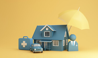 Insurance company client take out complete insurance concept. Assurance and insurance: car, real estate and property, travel, finances, health, family and life. 3d render yellow and blue - 489667810