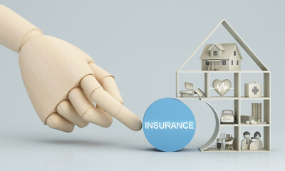 Insurance company client take out complete insurance concept. Assurance and insurance: car, real estate and property, travel, finances, health, family and life. 3d render blue - 489667820