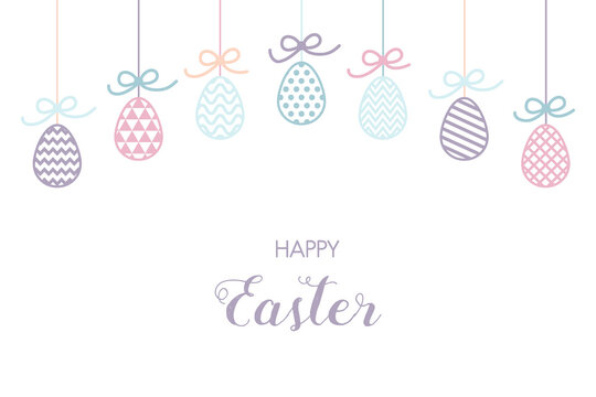 Concept of an Easter background with hanging colourful eggs. Vector © One Pixel Studio