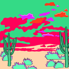 Fototapeta na wymiar Cacti in the desert at sunset. Saguaro national park. Vector illustration