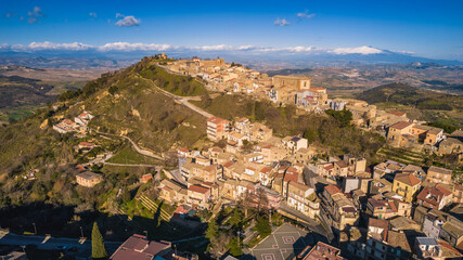 Aerial View of Aidone with the Mount Etna in the Background, Enna, Sicily, Italy, Europe