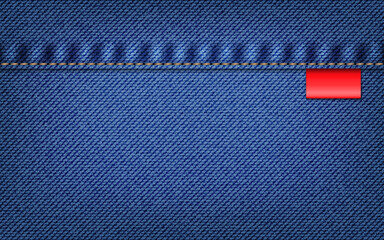 Blue denim jeans texture with stitch seam and label. Vector background