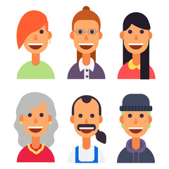 Set of vector avatars in flat style joyful men and women with clothes and hairstyle.