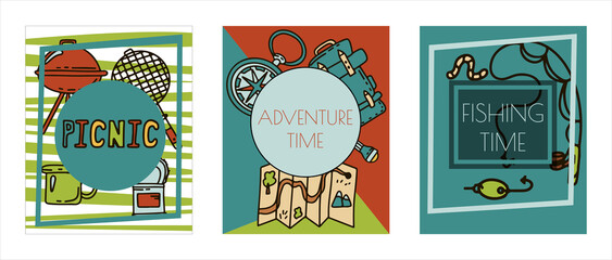 Doodle vector camping bannersset. Sketch hiking Icons.Hand draw illustration for summer picnic in nature. Camping equipment