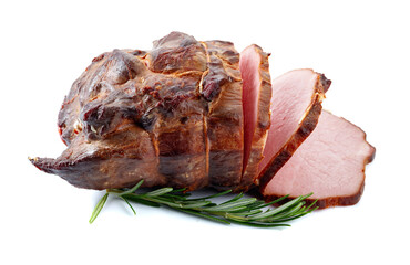 Ham with rosemary isolated on white.