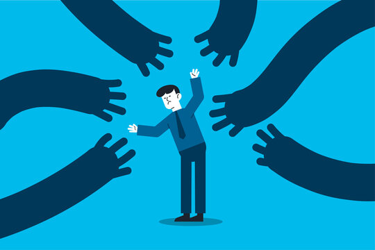 A businessman character surrounded by giant creeping hands. men who are frightened or stressed out by work pressure. mental health