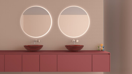 Showcase bathroom interior design close up, washbasin cabinet with two glass sink, round mirror with light and decors in beige and red tones, project concept idea with copy space