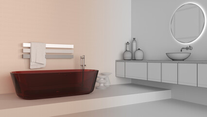Obraz na płótnie Canvas Architect interior designer concept: hand-drawn draft unfinished project that becomes real, bathroom, bathtub and wash basing. Mirrors, faucets, carpet, lamp, tables. Minimalist