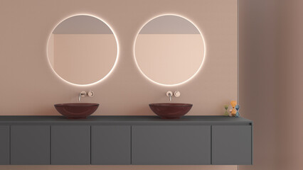 Showcase bathroom interior design close up, washbasin cabinet with two glass sink, round mirror with light and decors in beige and gray tones, project concept idea with copy space