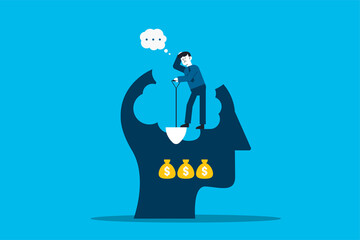 businessman digging with shovel and very near to success finding money gold under land.