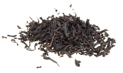 Dried black tea leaves on a white background.