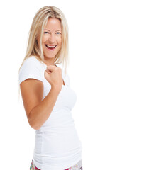 Yes, I can. Studio shot of a woman expressing triumph against a white background.