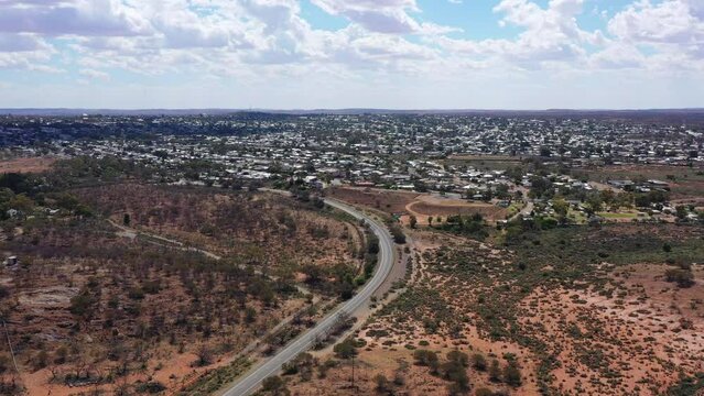 Barrier highway entering Broken Hill city near Junction mine &ndash; aerial 4k.
