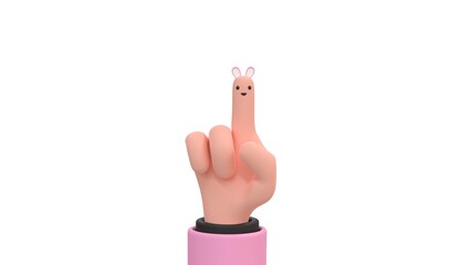Human hand with a painted muzzle and bunny ears on the finger. 3d render illustration.