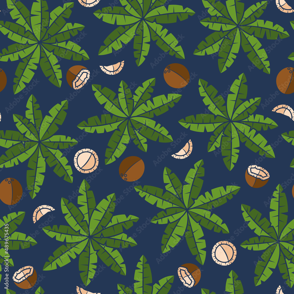 Poster seamless pattern with palm trees and coconuts. tropical vector background with isolated objects.