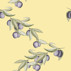 Fototapeta na wymiar Hand drawn olive branch seamless pattern. Food illustration. Green leaves and blue ripe berries on a yellow background. Vegetable plot for paper, fabric, scrapbooking, print. Diagonal pattern.