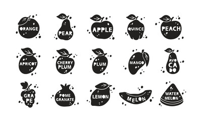 Garden fruits, silhouette stickers set. Apple, pear, plum, orange, peach, apricot, mango. Black hand drawn icons with lettering inside and abstract spots