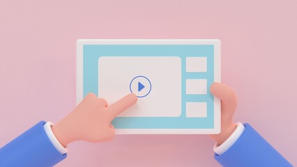 Watching video. Cartoon human hands holding tablet with play icon. 3d render illustration