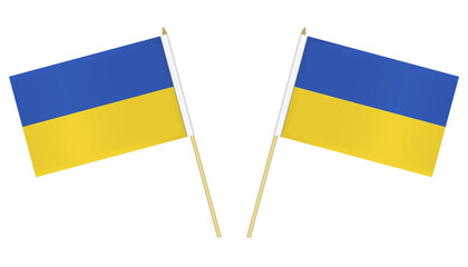 Two small hand Ukrainian flags isolated on white background, vector illustration. Flag of Ukraine on pole