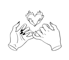 Pinky promise. Doodle hands and heart on fire. Crossed female hands little fingers promise to keep friendship. Vector sketch illustration isolated on white background.