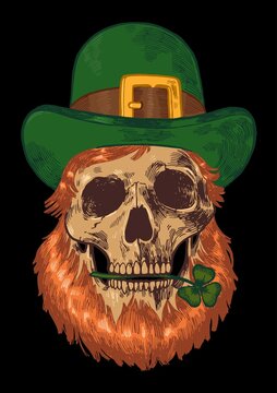 Leprechaun skull. Colorful illustration of red headed skull in top hat with shamrock leaf in teeth isolated. St.Patrick's day character vector illustration.
