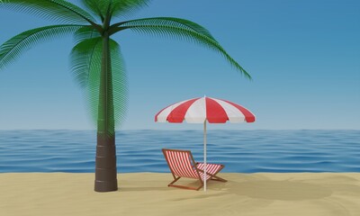 colorful umbrella and beach chair with palm tree on the beach in summer.3d rendering.	