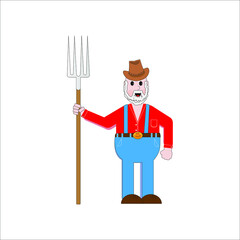A contented farmer in a red shirt and blue overalls holds a pitchfork in his hands on a white background
