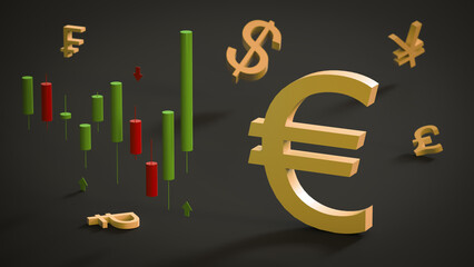 Euro symbol takes precedence over the symbols of other currencies and a stylized candlestick chart on a green background. The concept of financial market, forex, investment