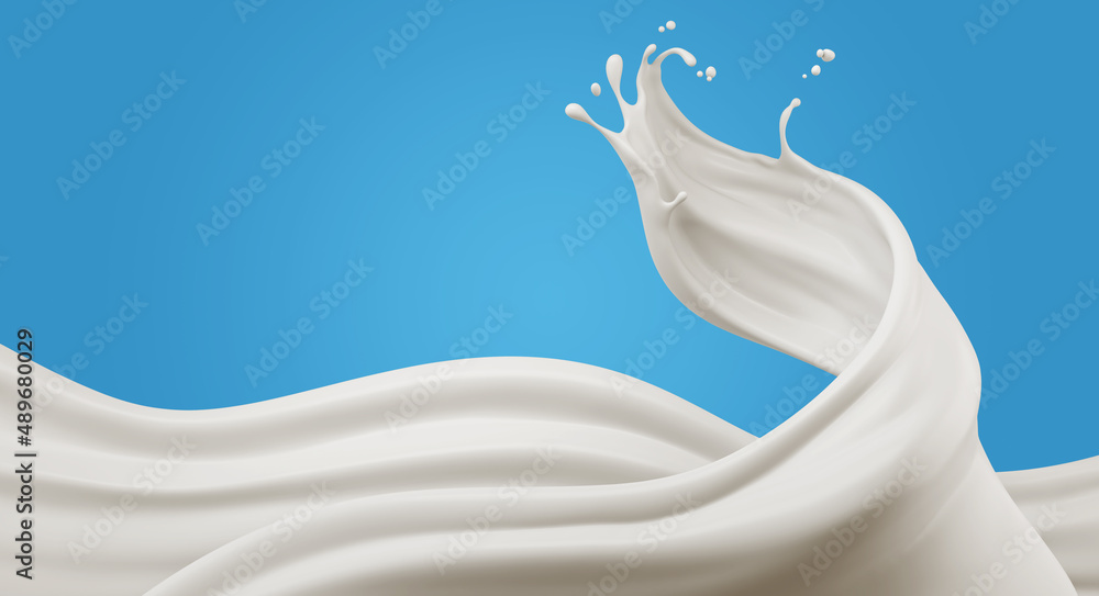 Poster milk splashes isolated on blue background, with clipping path , 3d rendering.
