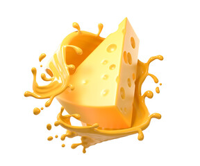 Cheese sauce splashing in the air with cheddar cheese, 3d rendering. - obrazy, fototapety, plakaty