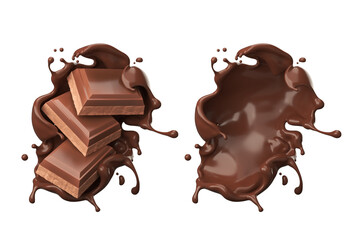 dark chocolate bar with chocolate cream splash, 3d illustration.
