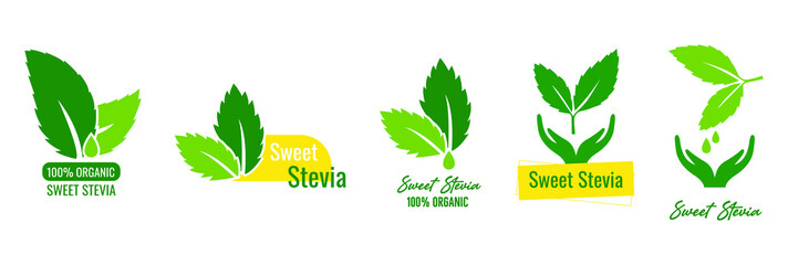 100% organic and natural stevia icon, logo set vector illustration  - obrazy, fototapety, plakaty