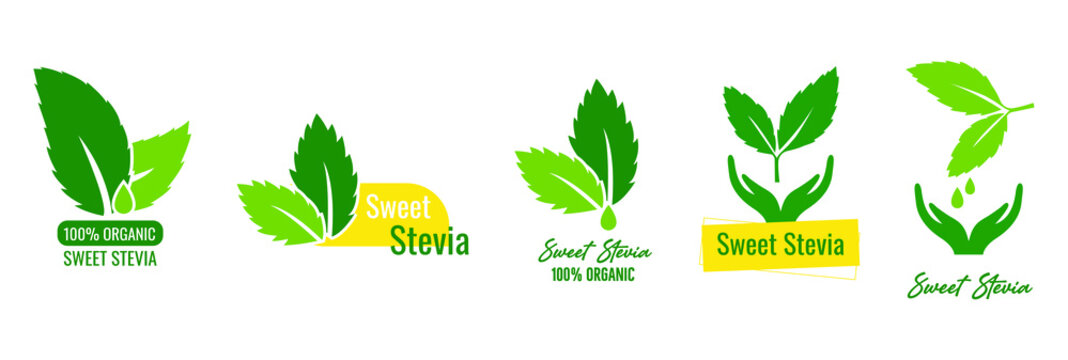 100% organic and natural stevia icon, logo set vector illustration 