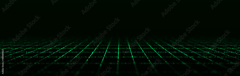 Poster dynamic flow of digital particles. perspective grid of interlaced dots. network connection structure