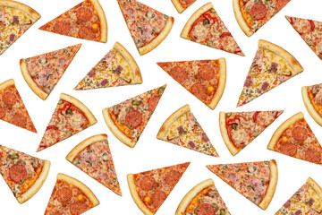 Pattern, template, wallpaper, on white. Pieces of pizza with meat, mushrooms, vegetables. Concept...