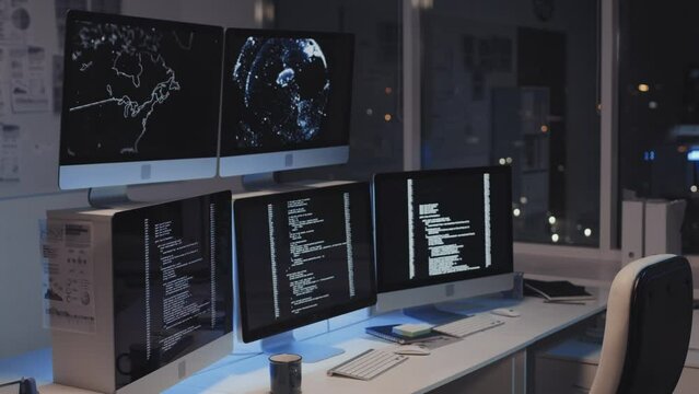Tracking in of program with computer code running on PC, five monitors standing on desk in empty office at night