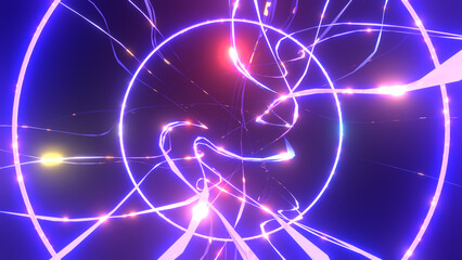 3d rendered abstract neon wavy lines and glowing circles.