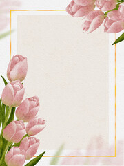 Tulips border on pink background,Beautiful Greeting card with Spring flower frame on watercolor paper,Vector illustration digital watercolour hand paint pink flower frame for Mother day, Women day