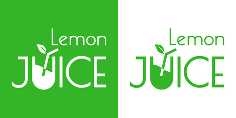 Logo Juice bar. Banner con caligrafía Lemon Juice con letra U con forma de bebida de limón en fondo verde y fondo blanco