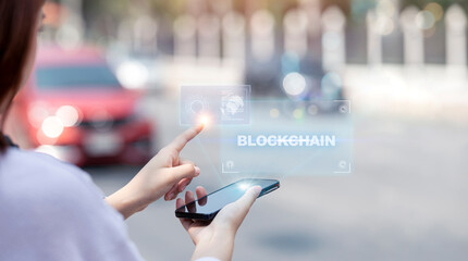 Blockchain technology, business intelligence concept. Woman using smartphone with diagram digital...