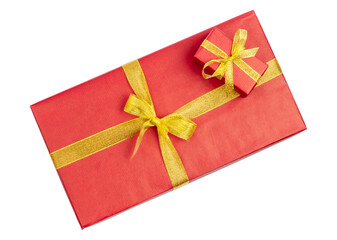 Red gift box with golden ribbon. Isolate on a white background.