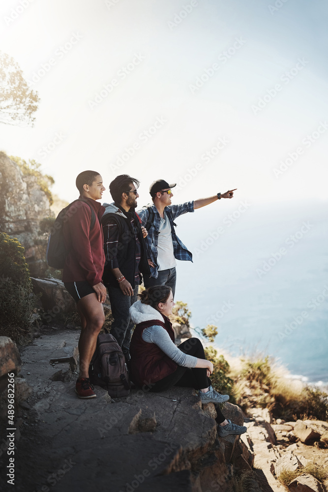 Wall mural I can see my house from here. Shot of a young man pointing something out to his friends while on a mountain hike.