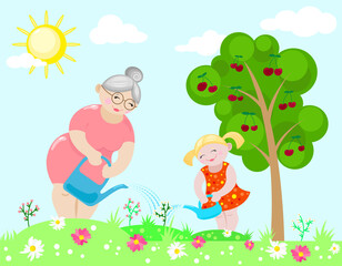 Obraz na płótnie Canvas Mom and daughter take care of the garden and flowers against the blue sky and the sun