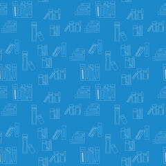Vector seamless pattern. Doodle Many icons of books scattered Background for education elearning school concept. Pile of paper books, open book, book on computer screen, ebooks, glasses, heart