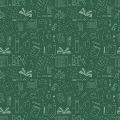 Vector seamless pattern. Doodle Many icons of books scattered Background for education elearning school concept. Pile of paper books, open book, book on computer screen, ebooks, glasses, heart