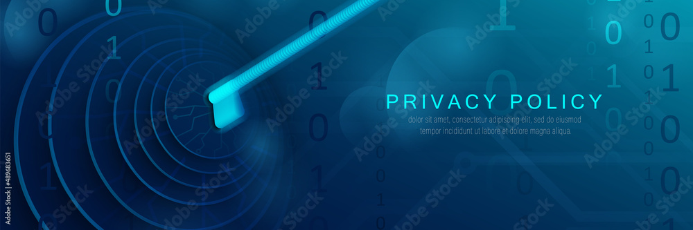 Poster data protection cyber security privacy. technology security. key with padlocks on binary digits back