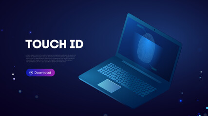 Touch id biometrics. Notebook biometric authentification blue technology background.